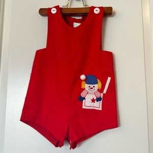 Vintage Infant Boys Jon Jon size 18 Months red overall clown in a box onsie